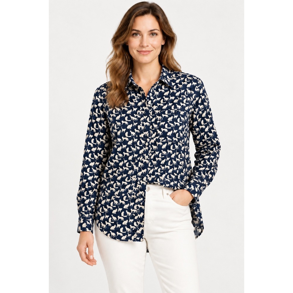 Gap Womens Fitted Boyfriend Cat Print Shirt Navy Blue Cotton L Dark Academia